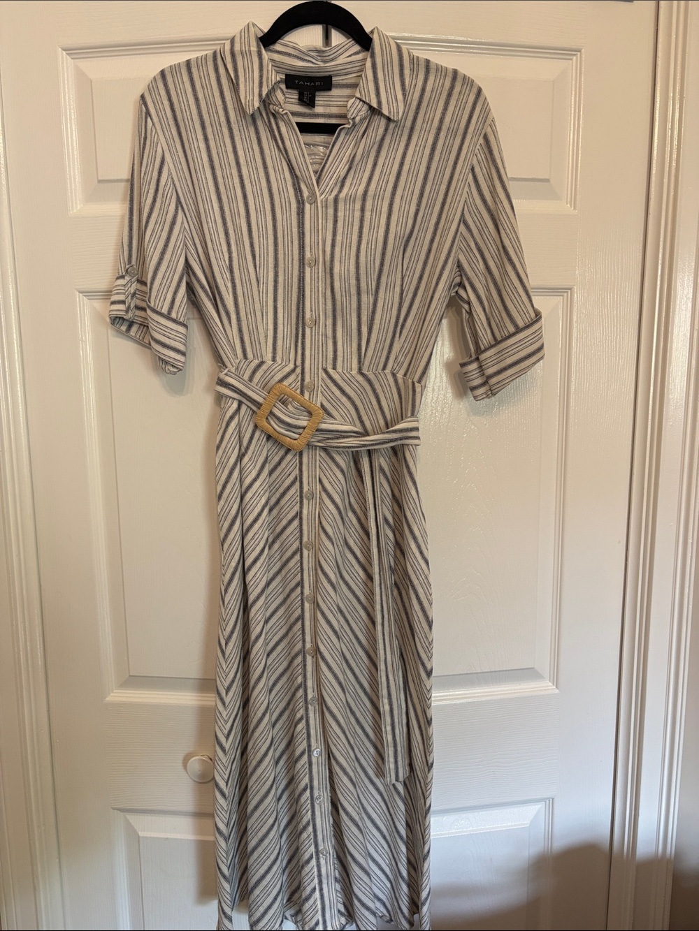 Tahari White and Black Striped Maxi Shirt Dress with Belt